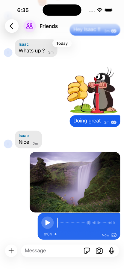A conversation with a sticker, a photo and a voice note