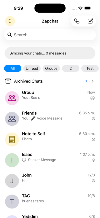 A list of chats with filters across the top