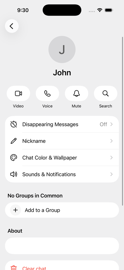 A contact screen with video, voice, mute and search